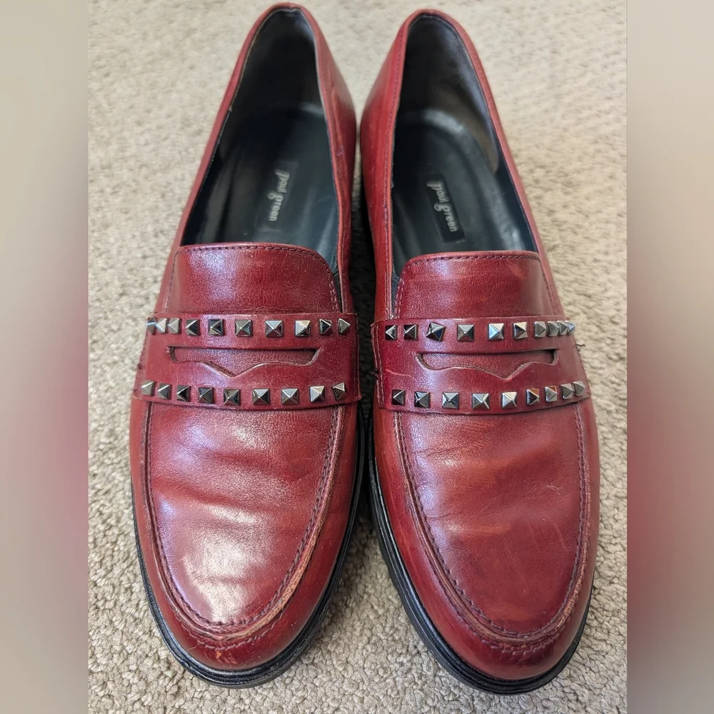 Vintage Paul Green Burgundy Red Leather Studded Chunky Loafers Women Size 7.5 - Picture 2 of 8